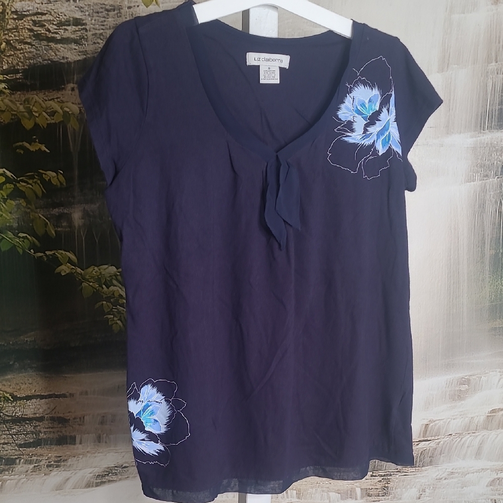Liz Claiborne Womens Small Navy Blue Floral Short Sleeve Top Sheer Accents